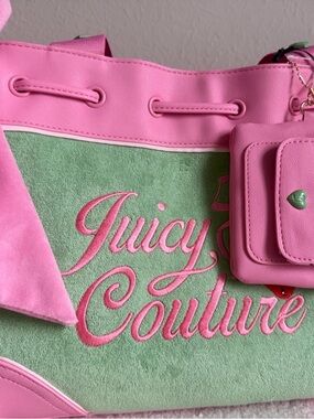 Juicy Couture Pink & Mint Green Embroidered Logo Tote